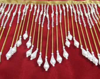Angelic Gold Glass and White Pearl Long 5 inch Beaded Fringe Decorator Trim