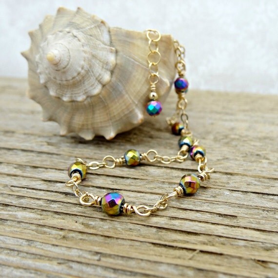 Rainbow Anklet Titanium Hematite Gemstone by ReneeBrownsDesigns