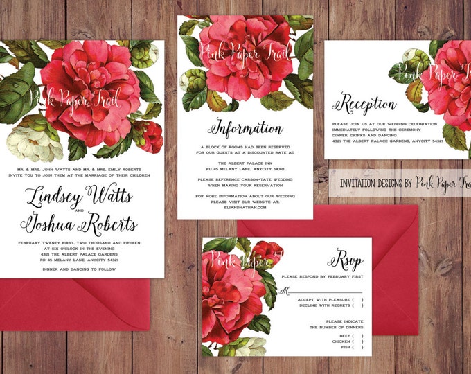 Printable Wedding Invitation Suite v.2, Floral, Romantic, Rustic, Garden, Spring Wedding, Red Flowers, 4 Pc. Suite