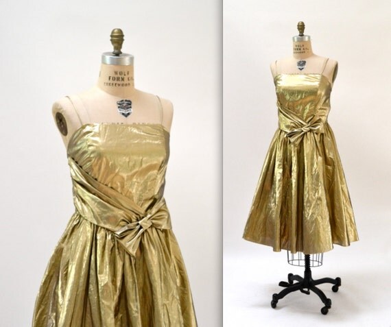 Metallic 80's Prom Dress Size Medium Large Gold by Hookedonhoney