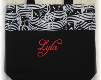 Treble Clef Personalized Music book bag Medium black canvas tote choir piano symphonic band orchestra student music major recital gift idea