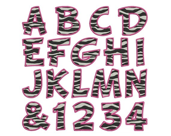Pink Zebra Print Alphabet &amp; Numbers Machine Embroidery