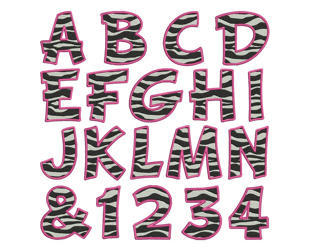 Pink Zebra Print Alphabet & Numbers Machine Embroidery