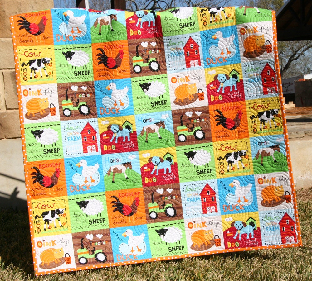 LAST ONE Farm Quilt Bright Unisex Tractor Blanket Cows Horses