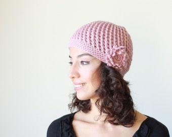 Dusty pink crochet hat for women, Crochet beanie with flower, Womens beanies hat, Women's crochet hats, Crochet beanie women