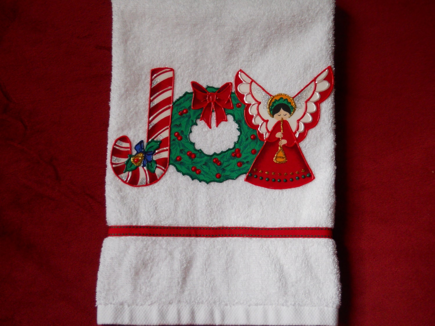 Christmas Hand Towel Bathroom or Kitchen JOY with Candy Canes, Wreaths and Angels