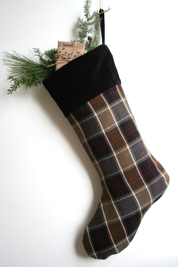 Brown/Black Plaid Wool Christmas Stocking Man's Stocking