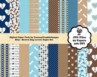 Puppy Dog Digital Paper Pack Blue Brown Dog Lovers Series 20 Papers Free Frame Clipart Clip Art Printable DIY Scrapbooking Instant Download