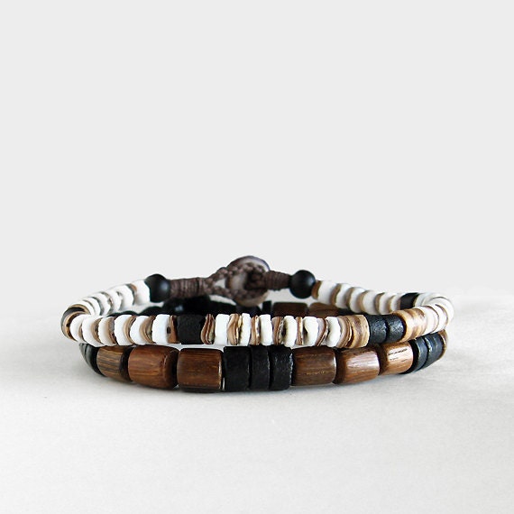 Mens Beaded Surf Bracelet Set Shell Wood Coco by DistinctRemarks