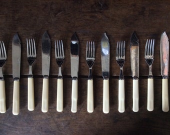 Vintage English 6 Forks 6 Knifes With Bone-Like Handles Cutlery Set circa 1940's / English Shop