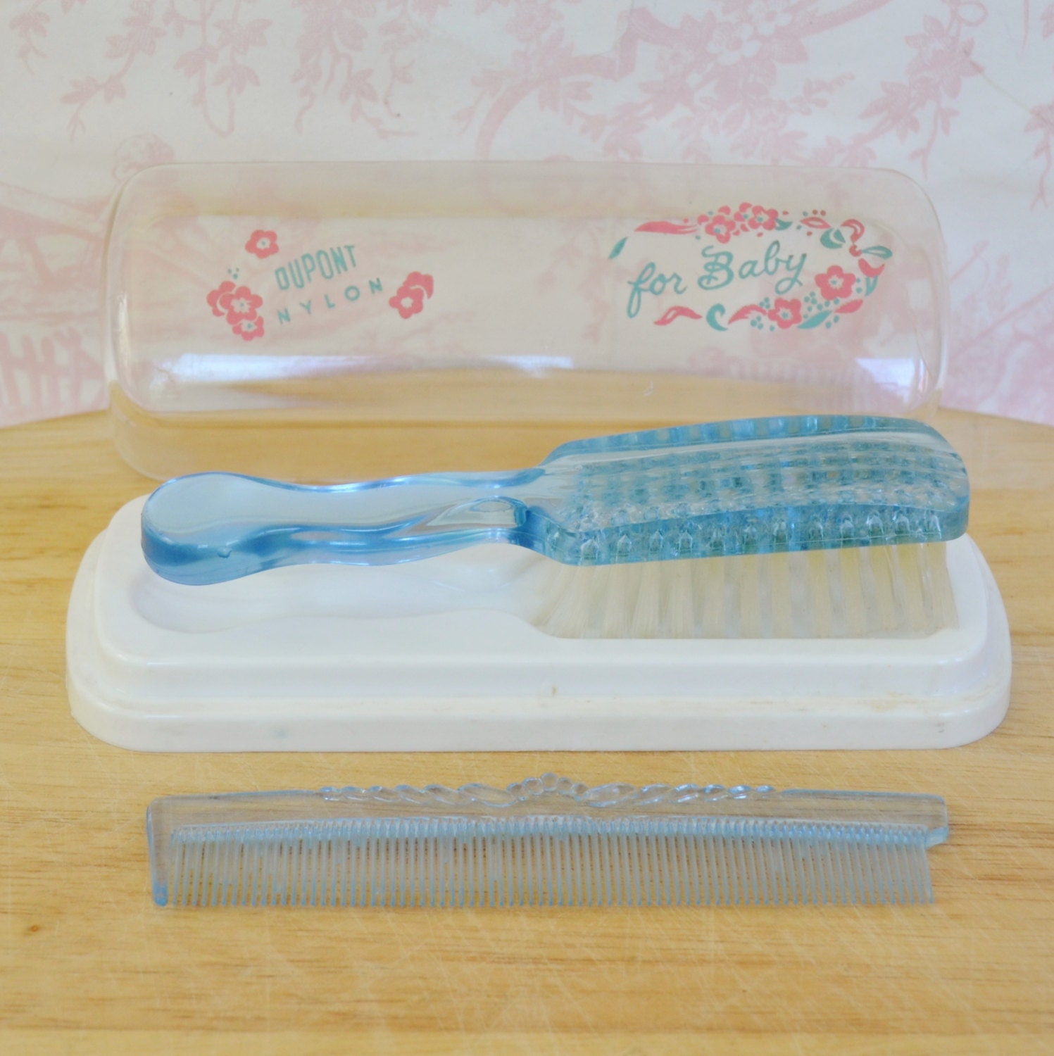 Vintage Baby Brush Set in Blue with Brush and Comb