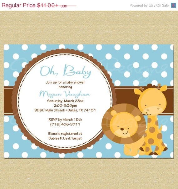 ON SALE Lion & Giraffe Blue Polka Dot Jungle Animals Baby Shower Invitation Il_570xn