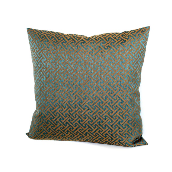 Teal Bronze Pillow Fret Greek Key Throw Pillow by couchdwellers