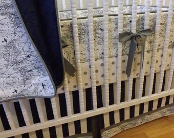 Aviation Crib Bedding- Boy Airplane Baby Bedding- MADE to ORDER- 4 piece Aviation Bedding- Boy Crib Bedding- Navy and Gray