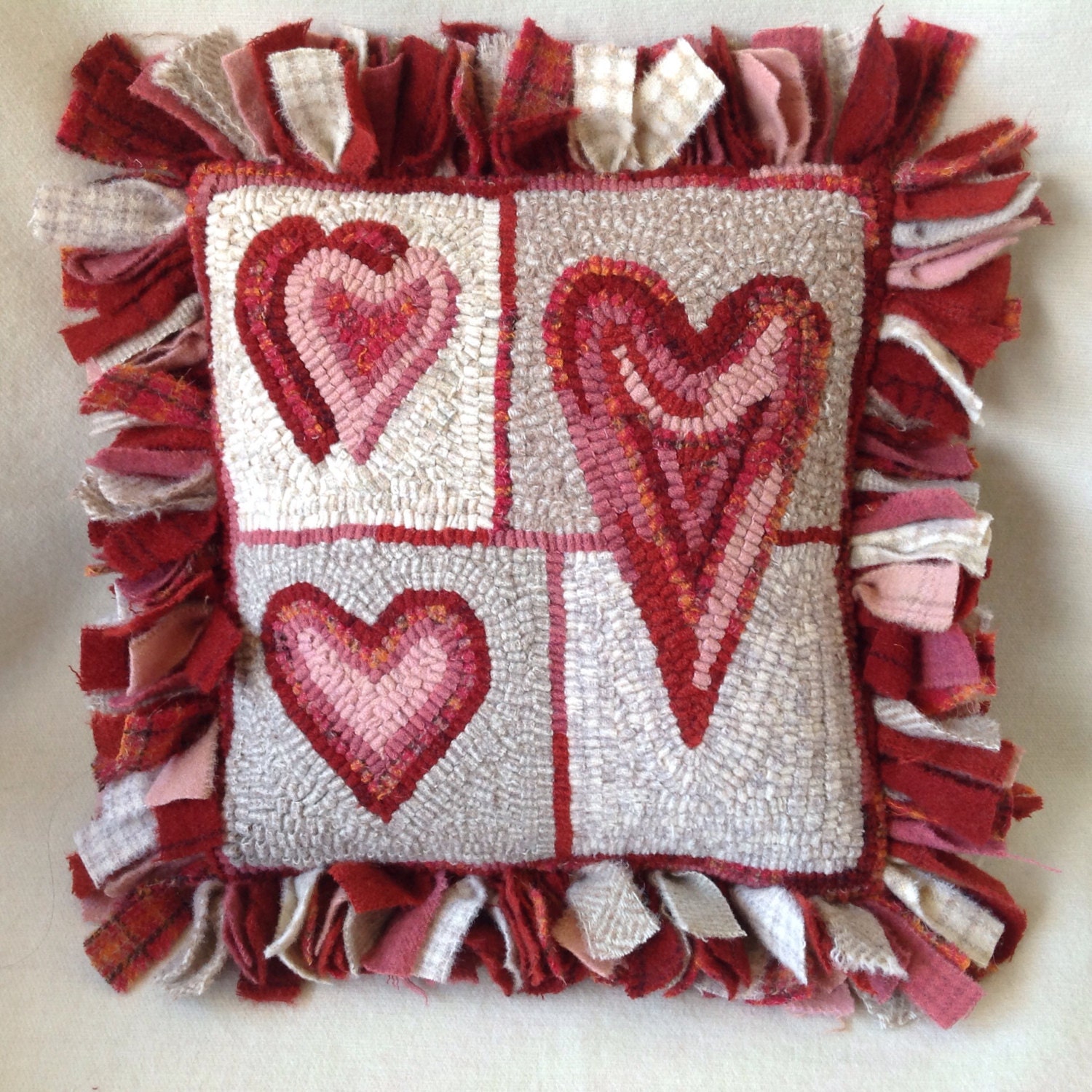 Rug Hooking Pattern, Four Hearts, 12 x 12, on Primitive Linen or Monks