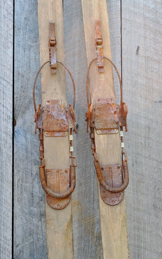 Antique Wooden Snow Skis Kandahar Bindings 82 Rustic