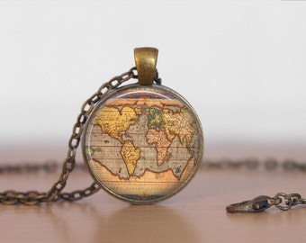Ancient WORLD MAP NECKLACE / Antique Map Pendant / Unique Gift for Her / Map Jewelry / Globe / Vintage Map / brass pendant / gift box