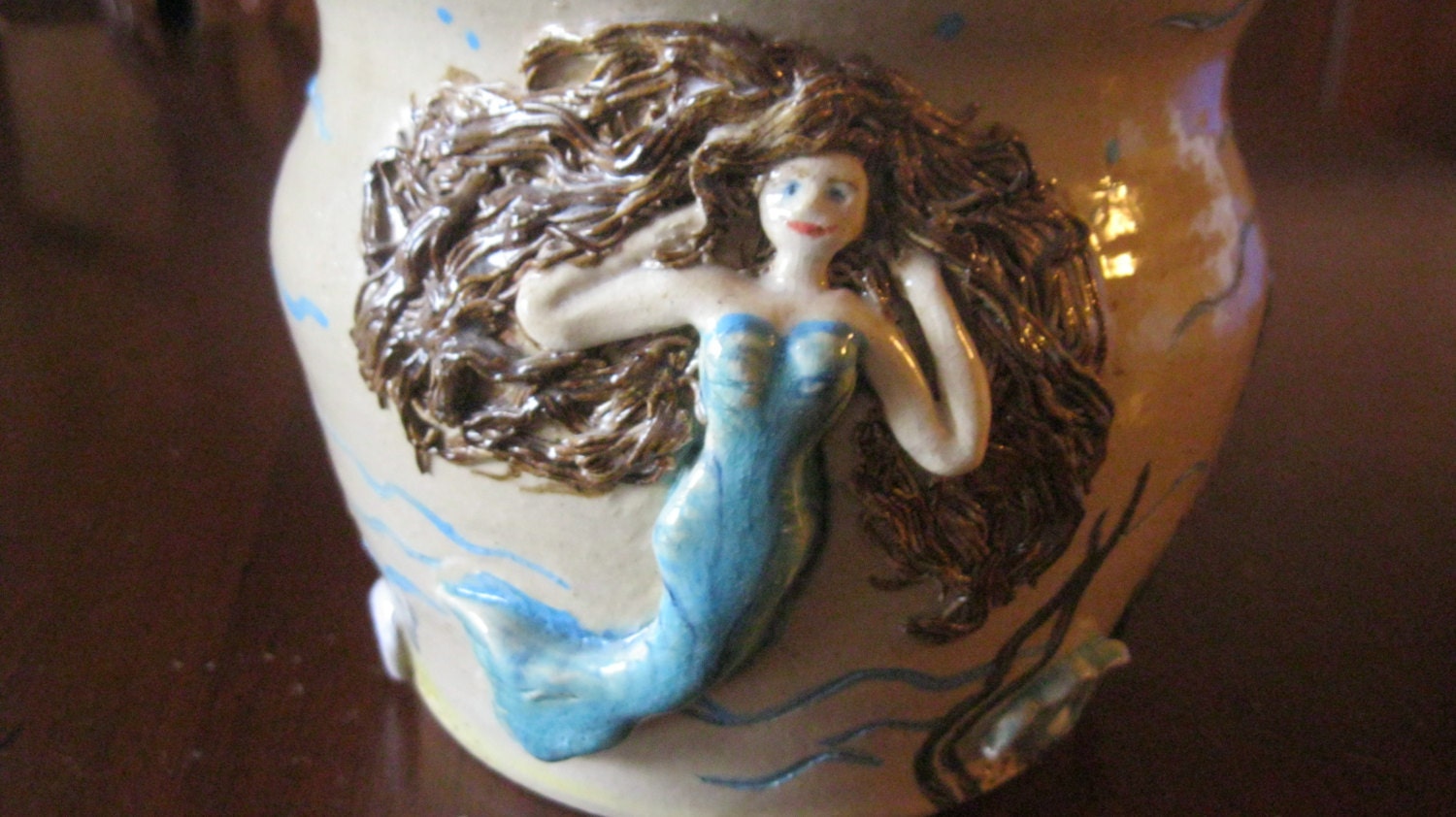 Handmade Mermaid In Blue On Pottery Bowl