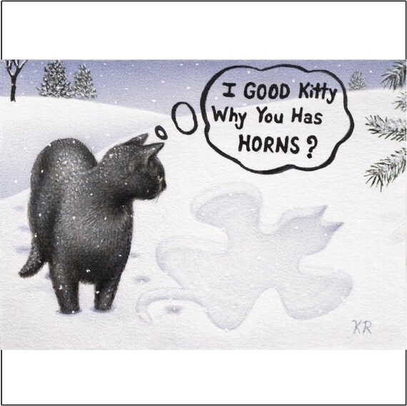 Black Cat Snow Angel ACEO Why You Has HORNS by Karen Romine