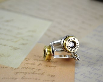 Bullet CuffLinks ~ Winchester 9mm Luger Caliber ~ Crystal Gems Set in Cufflink Bezels