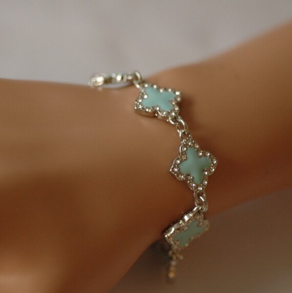 Clover Bracelet Silver Four Leaf Light Blue Clover Bracelet.