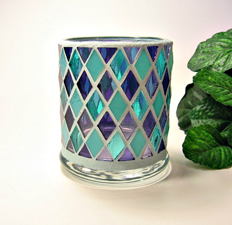 Stained glass mosaic votive candle holder turquoise purple
