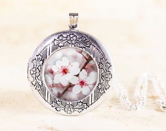 Cherry Blossom Locket - White Blossom Jewelry, Silver Flower Locket, White Flower Jewelry Locket, Spring Flower Photo Locket, Cottage Chic