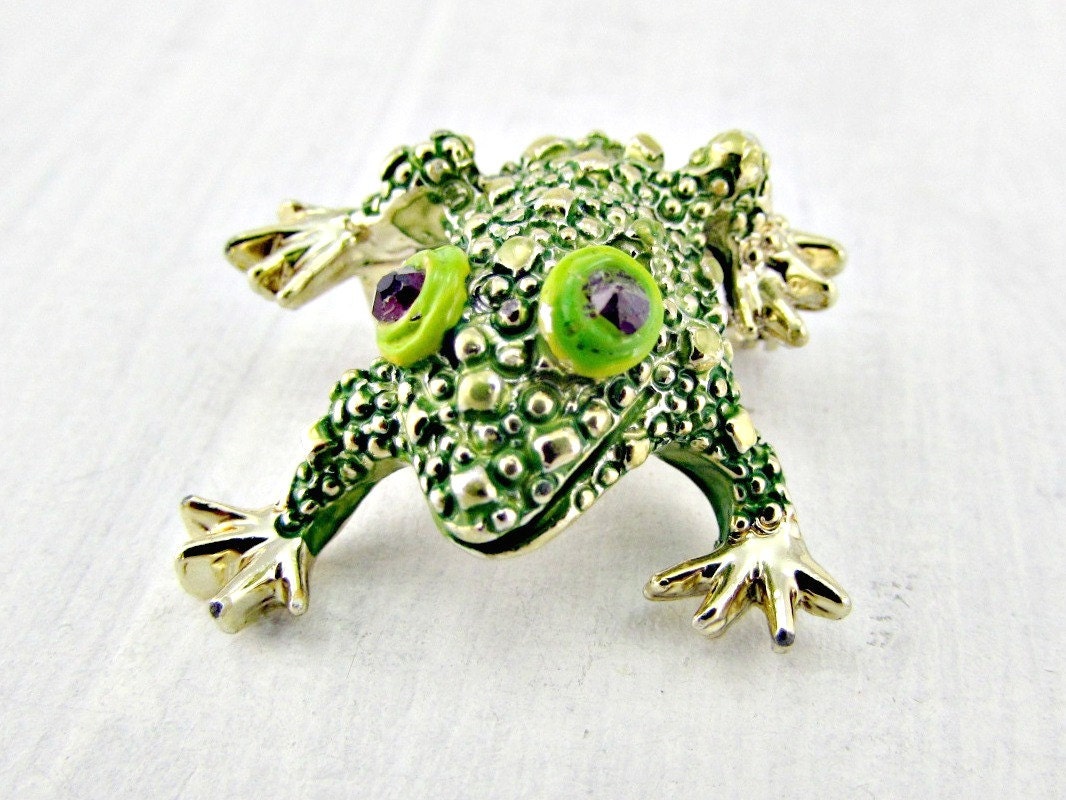 Vintage Tiny Gold Frog Brooch Pin Green Enamel Frog Brooch