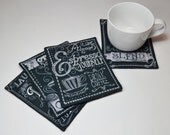 Chalkboard Coffee Mug Rugs - Latte Espresso Cappuccino Coasters - Coffee Cup - Black and White Kitchen Decor - Friends - Housewarming Gift