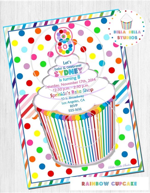 RAINBOW CUPCAKE INVITATION ~ Custom Printable ~ Bella Bella Studios Il_570xn