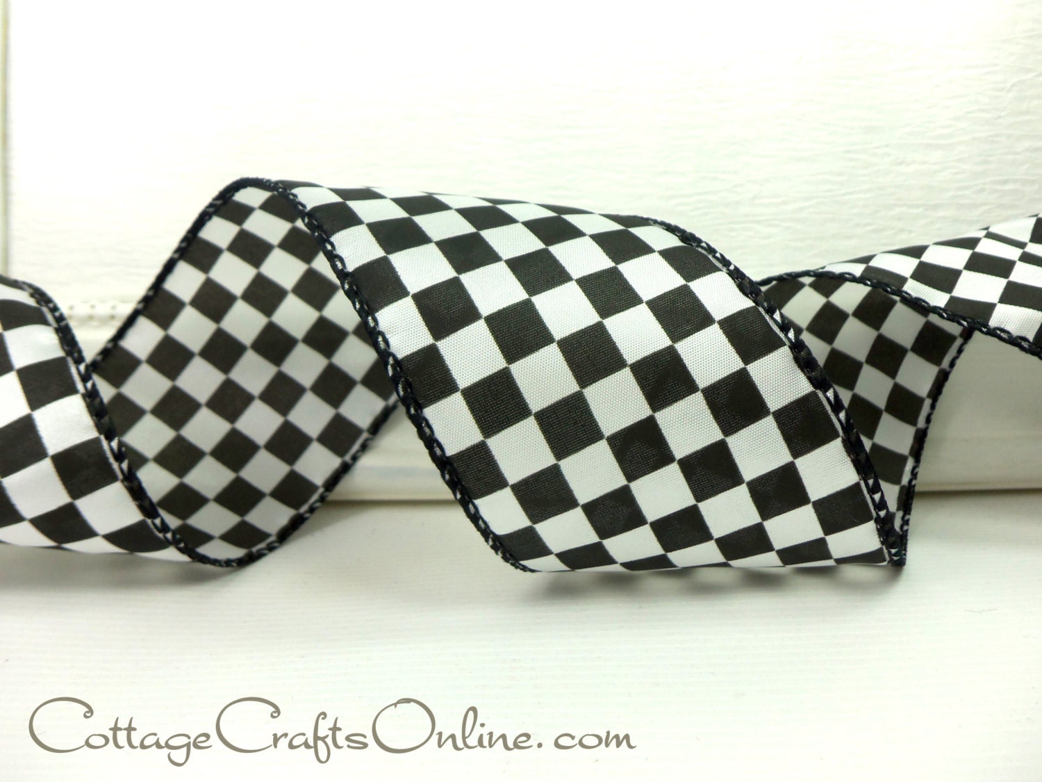 Wired Ribbon 2 1/2 Black and White Check Plaid THREE