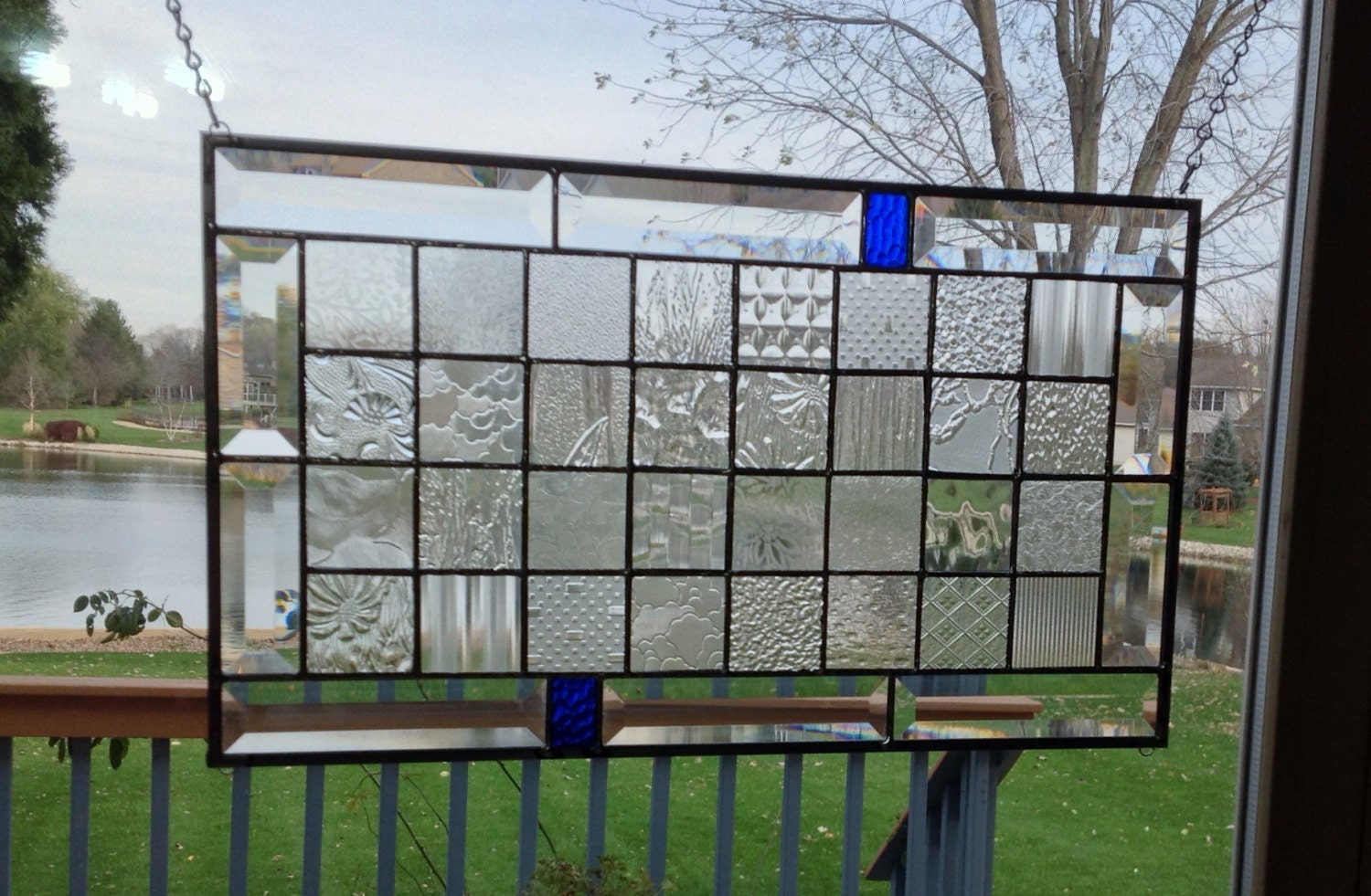 Beveled stained glass panel window hanging geometric clear