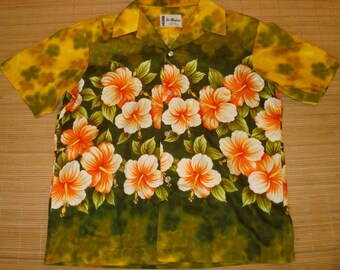 Mens Vintage 60's Ui Maikai Hibiscus Floral Hawaiian Aloha Shirt - L - The Hana Shirt Co