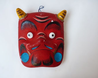 Red Devil Mask, wall hanging Japanese paper mache mask, gob smacked demon