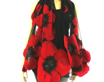 Nuno felted shawl - large flowers scarf - wool and silk - red and black felt shawl Majorlaura