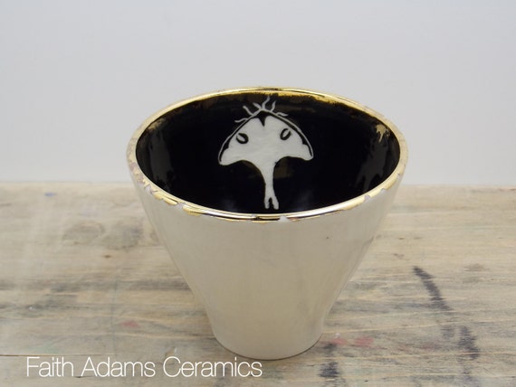 One Luna Moth White, Black & Gold Porcelain Tea Cup, Saki Cup, Tea Bowl-Candle Holder, Halloween Decor, Moth Art, Moon Moth