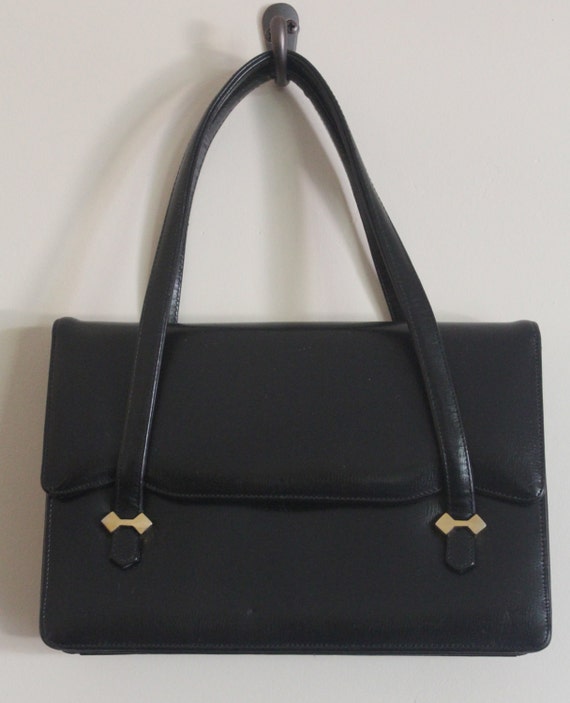 Items similar to Black Leather Purse 1950's Baguette Bag on Etsy