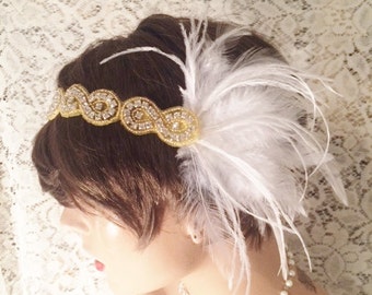 Rhinestone headband GATSBY HEADPIECE flapper headband bridal accessories Gold white feather 1920s headband flapper headpiece bridal headband