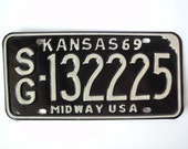 Vintage 1969 Kansas License Plate #SG-132225, Black Plate