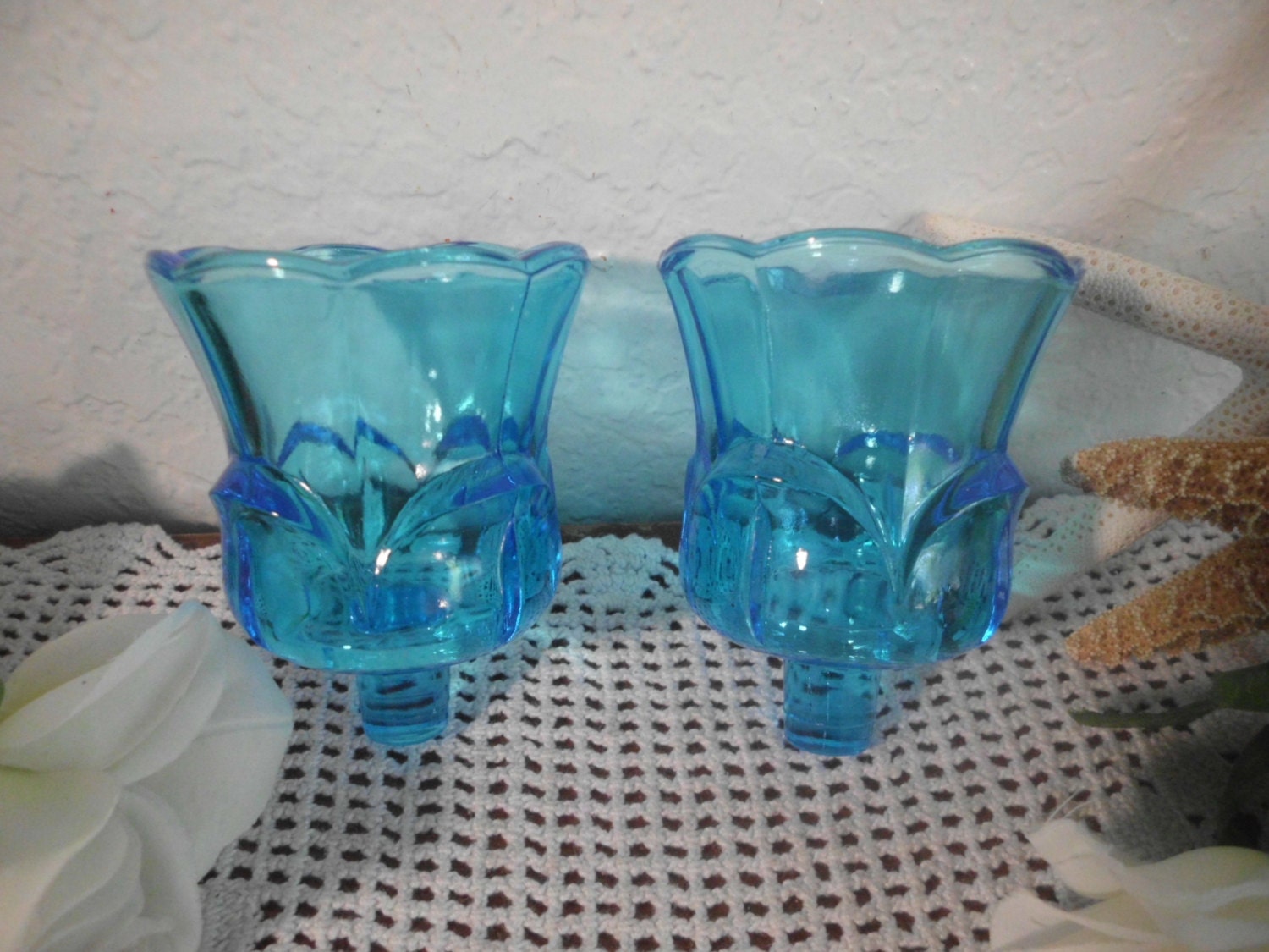 Vintage Candle Holder Aqua Turquoise Blue Glass by ElegantSeashore
