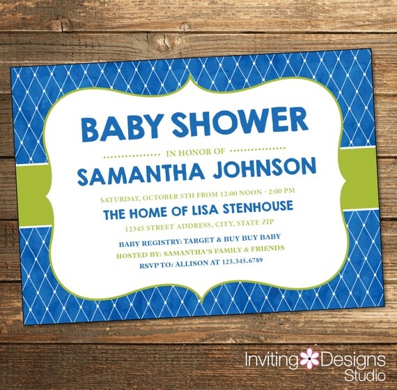 Items similar to Boy Baby Shower Invitation, Baby Boy, Blue, Green