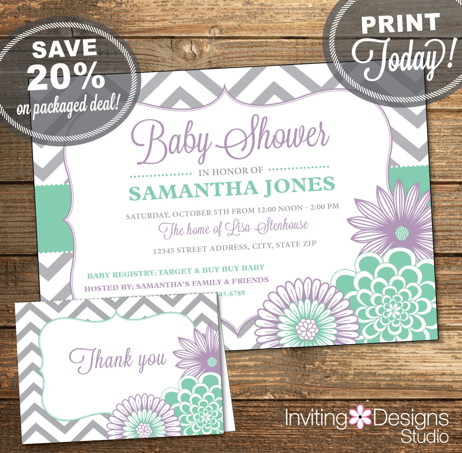 Baby Shower Package Invitation Thank You Card Mint Green