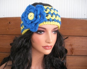 Womens Headband Crochet Headband Winter Fashion Accessories Women Headwrap Earwarmer in Yellow with Blue stripes and flower