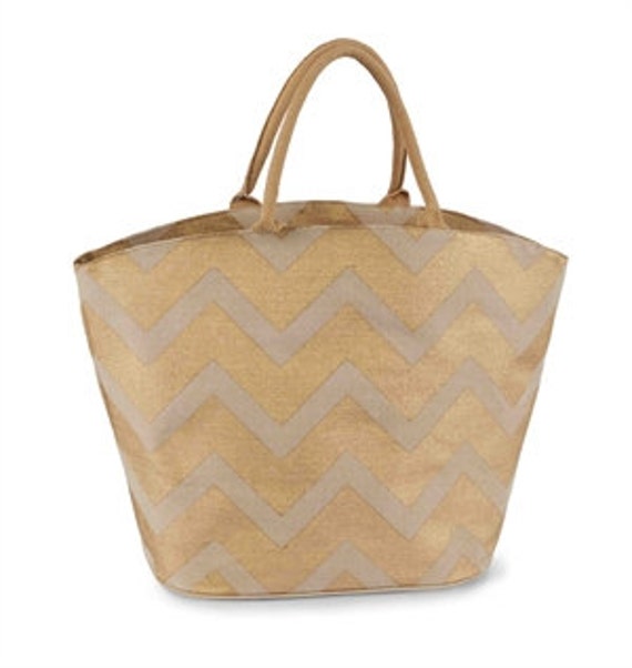 Monogrammed Tan Gold Chevron Canvas Tote  Mud Pie Shimmer Juco Bag ...