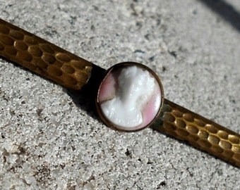 SALE Antique Pink Glass Cameo Rare Forward Facing Cameo on Hammered 2 1/2" Bar Brooch with 1890 C clasp. Only 37.50