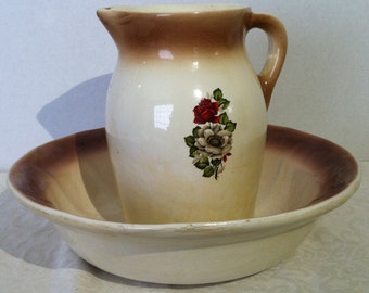 Vintage Ironstone Wash Basin and Pitcher With Floral Design