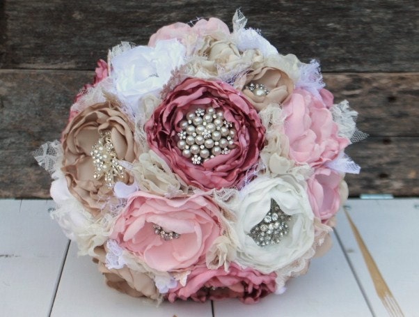 Heirloom brooch bouquet. Fabric peony flowers in dusty rose,blush, champagne and white. Jane Austin inspired.