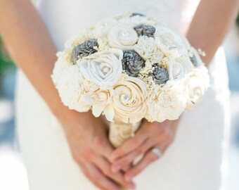 Handmade Wedding Bouquet- Medium Ivory Cream Grey Bridal Bridesmaid Bouquet, Alternative Bouquet, Keepsake Bouquet, Rustic Wedding