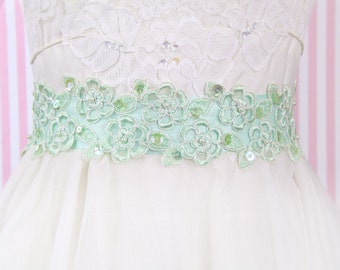 Mint Green Organza Flower Lace with Mint Green Satin Ribbon / SH-15