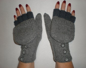 Hand-knitted grey color women convertible fingerless gloves/wrist warmers to mittens with buttons
